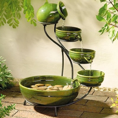 Green Ceramic Bowl Solar Powered Cascade Fountain